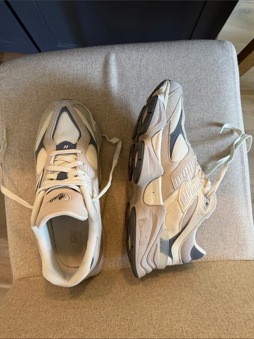 New Balance Sneakers in Cream and Gray with Navy Accents